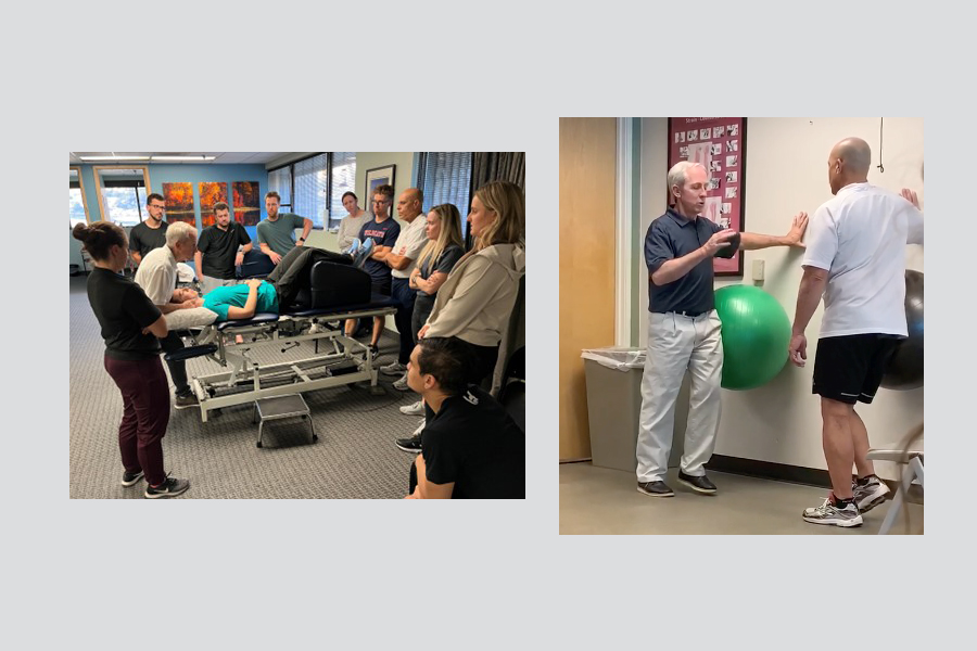 Two images showing Timothy Fearon teaching an exercise workshop to students