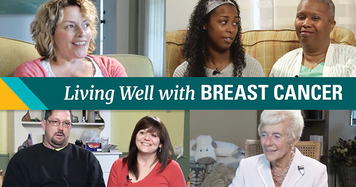 Living well with breast cancer. Shows five women and a man looking hopeful.