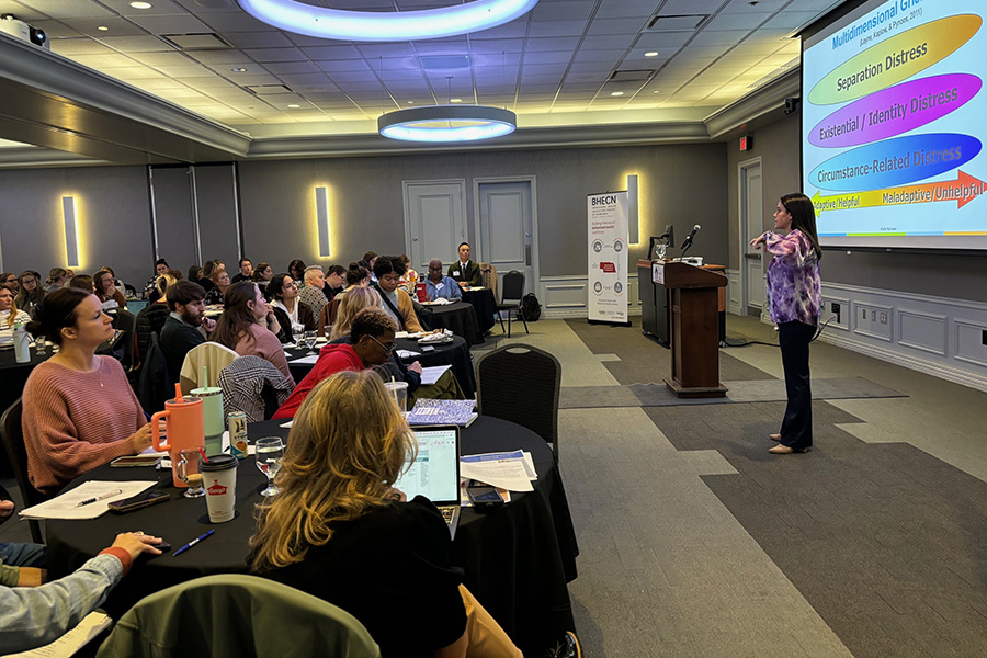 Marisa Nowitz, MSW, LCSW, of the Trauma and Grief Center at the Meadows Mental Health Policy Institute addresses attendees at the Nov. 13 “Supporting Youth in the Aftermath of Crisis, Trauma, and Loss: A Clinician’s Guide” event in Omaha.