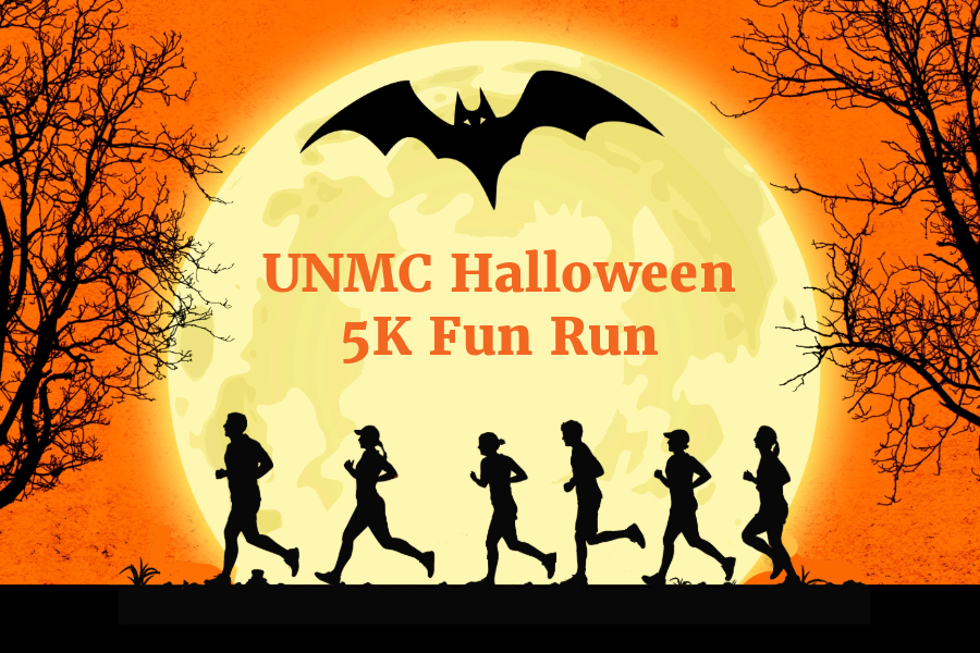 Silhouettes of six runners in front of a full moon with a large bat flying overhead. The scene is flanked by spooky tree silhouettes.