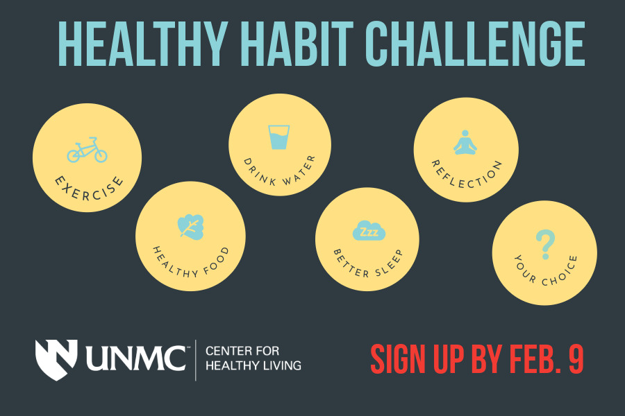 healthy habit challenge with icons representing biking, eating healthy, drinking water, relaxation, getting better sleep, or choosing a habit of your own to improve