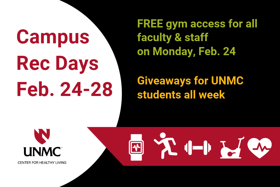 campus rec days offering free gym access on Feb. 24 for faculty and staff and student giveaways all week. Fitness watch, stick figure running, weight dumbbell, exercise bike, and heart with heartbeat line icons are incorporated into the image..