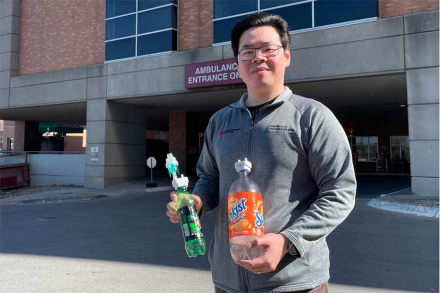 Thang Nguyen, PhD, used the MakERLab located in the emergency department to collaborate with colleagues to create a medication aerosolizing device that can be used with a plastic soda bottle. The device, called Project FreeAir, was developed with funding by the UNMC Eugene Kenney Memorial Fund and is available free to the public.