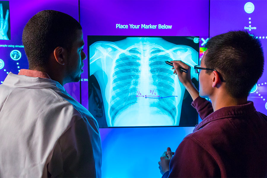 Two people looking at an x-ray 