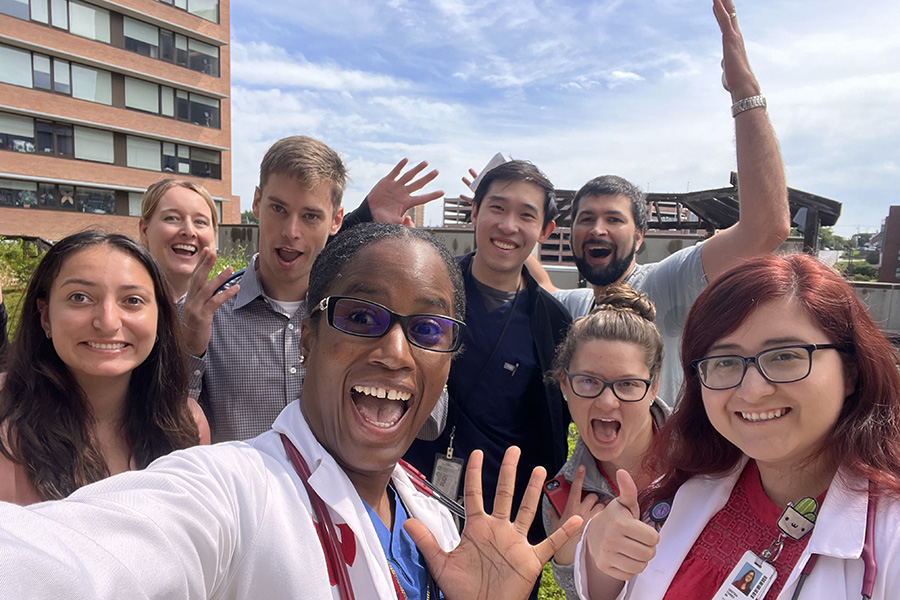 A selfie of a group of Internal Medicine residents on rotation with their attending physician.