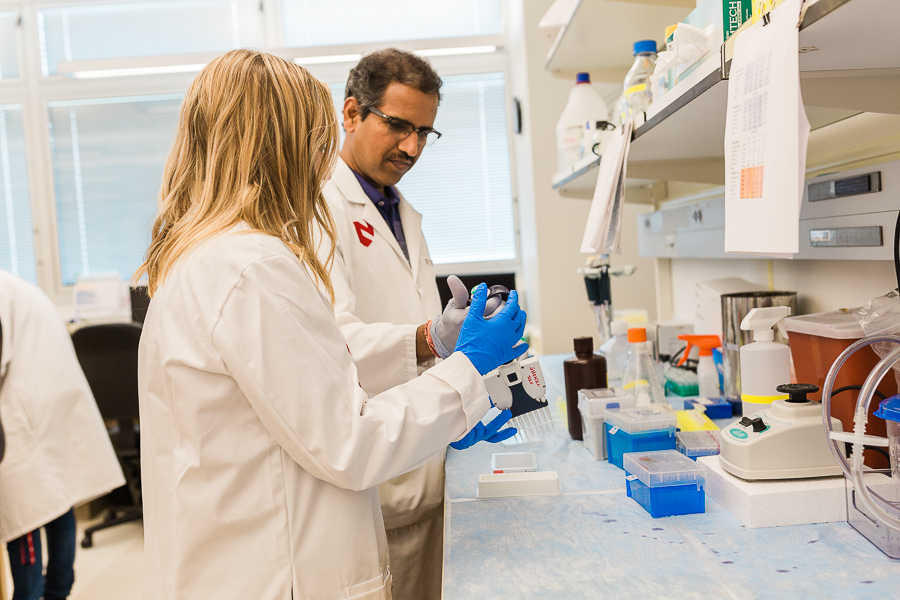 A faculty member working in a lab with research support staff.