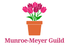Munroe-Meyer Guild logo; terra cotta pot holding pink and fuchsia tulips; fuchsia text: Munroe-Meyer Guild