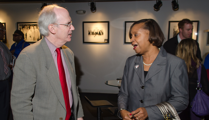 UNMC Chancellor Jeffrey P. Gold, M.D. (left) with Freddie Gray, new chairperson of the UNMC Board of Counselors.