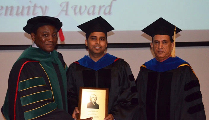 From left, Vice Chancellor for Academic Affairs Dele Davies, Srustidhar Das, Ph.D., and Surinder Batra, Ph.D.