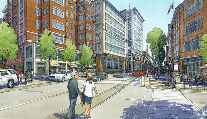 An artist's rendering of the Midtown 2050 project shows the Blackstone Hotel on the left side, looking west along Farnam Street.