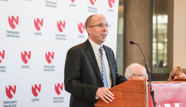 Tony Wilson, Ph.D., speaks at the Jan. 9 news conference to announce that UNMC/Nebraska Medicine have installed a new MRI that will be dedicated to research.