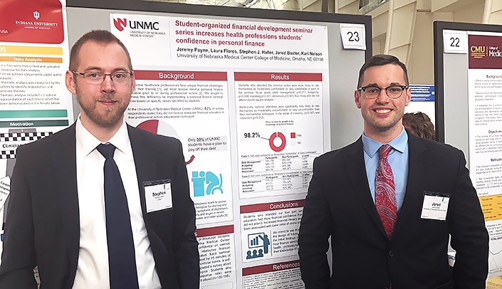 Stephen Haller (left), an MD, PhD student, and Jared Baxter, a medical student, gave a presentation at the Central Group on Educational Affairs Spring Conference in Grand Rapids, Mich.
