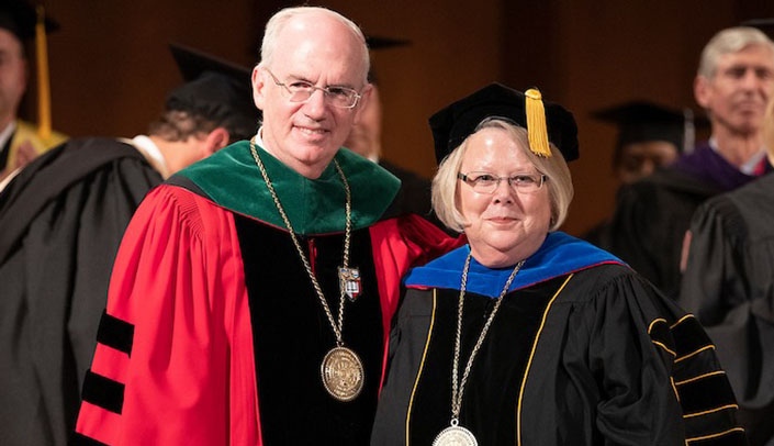 Chancellor Jeffrey P. Gold, M.D., left, and University of Nebraska Interim President Susan Fritz, Ph.D., at Dr. Gold's investiture as chancellor of UNO