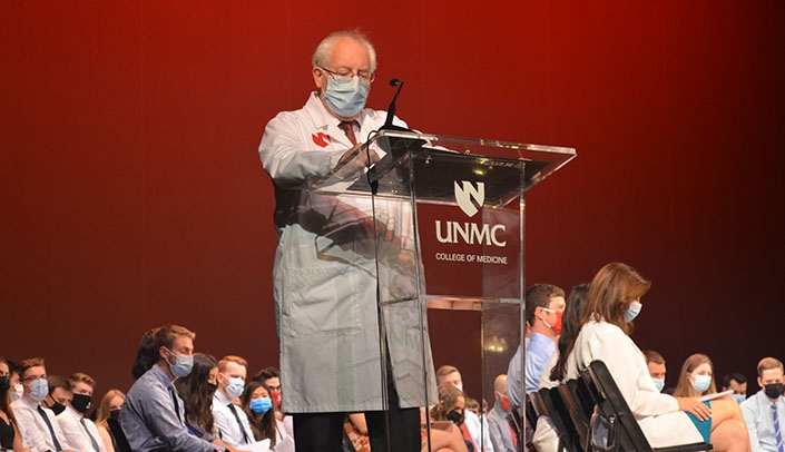 Bradley Britigan, MD, dean of the UNMC College of Medicine, speaks to incoming medical students at last week's White Coat Ceremony.