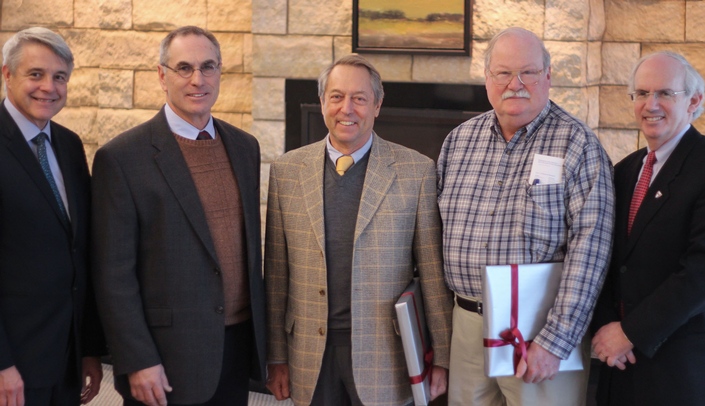 Richard Kelly, second from right, is pictured with, from left, Nebraska Medicine CEO James Linder, MD, fellow trustees Brian O'Malley and Neal Brown, and UNMC Chancellor Jeffrey P. Gold, MD.