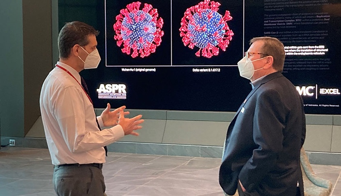 Douglas County Commissioner James Cavanaugh toured the Davis Global Center with Benjamin Stobbe, assistant vice chancellor for clinical simulation, iEXCEL.