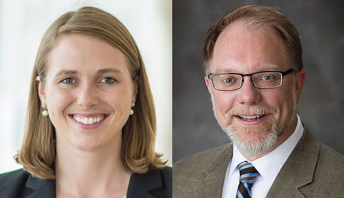 Bethany Lowndes, PhD, assistant professor in the UNMC Department of Neurological Sciences, and Mark Riley, PhD, associate dean for research from the University of Nebraska-Lincoln College of Engineering