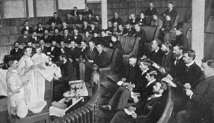 Mary Tinley, in the second row, seventh from left, is among those observing Dr. A. F. Jonas' surgical clinic in 1894.