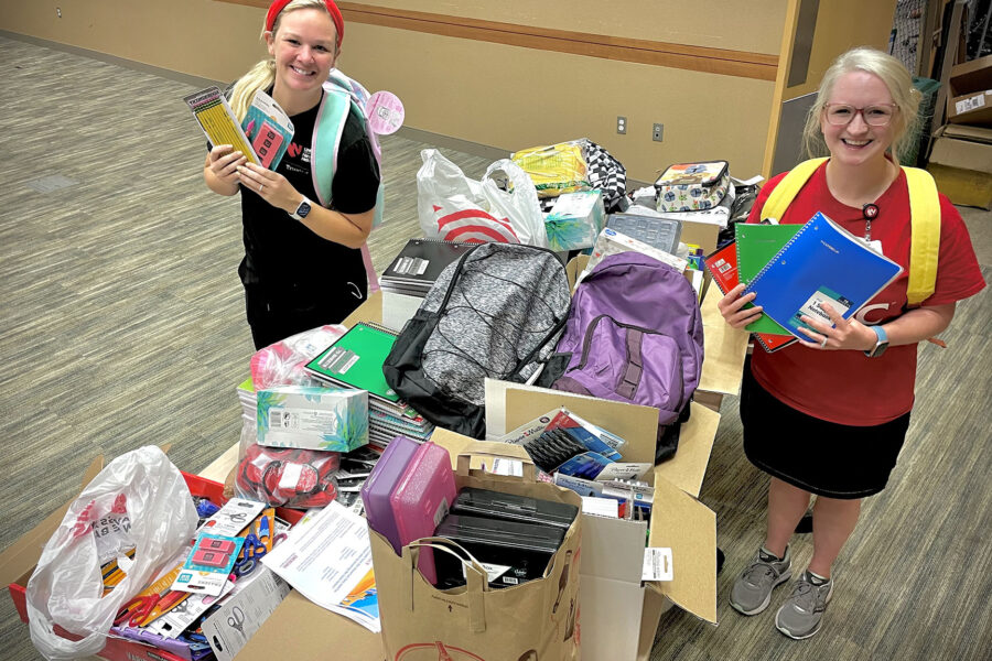 A collection of donated school supply items