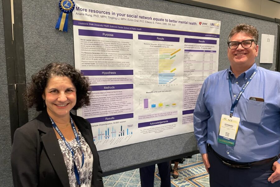 Professor and Chair of the Department of Epidemiology at the UNMC College of Public Health&comma; Edward Peters&comma; DMD&comma; &lpar;right&rpar; and Ariane Rung&comma; PhD&comma; LSU Health Sciences School of Public Health &lpar;left&rpar; presented their research on the relationship between a person&apos;s social network and their mental health at the American College of Epidemiology&apos;s Annual Conference which was awarded 1st place&period;