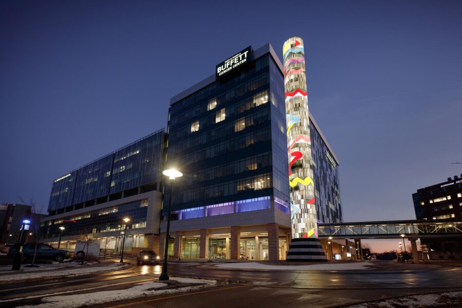 Jun Kaneko’s &OpenCurlyDoubleQuote;Search" tower&comma; located outside the Fred & Pamela Buffett Cancer Center&comma; is among the art collection documented on the new Healing Arts Program website&period;