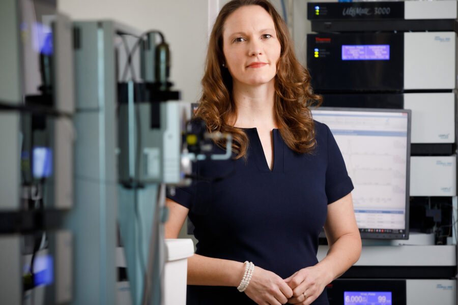 Rebekah Gundry&comma; PhD&comma; in her lab on the 12th floor of the Lied Transplant Center