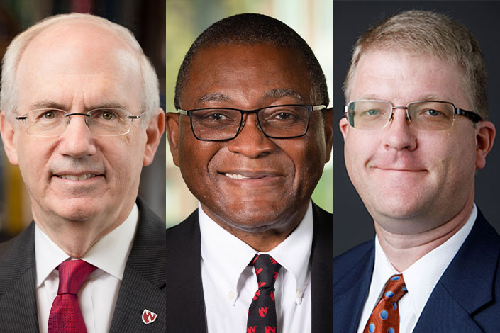 Chancellor Jeffrey P&period; Gold&comma; MD&comma; Dele Davies&comma; MD&comma; senior vice chancellor for academic affairs&comma; and Phil Covington&comma; EdD&comma; associate vice chancellor for student success