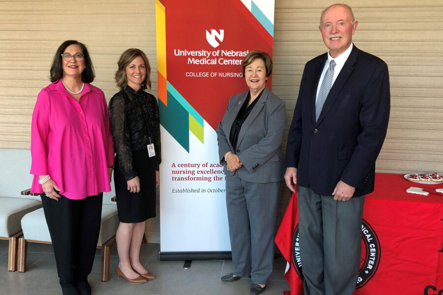 From left&comma; Cathrin Carithers&comma; DNP&comma; assistant dean for the UNMC College of Nursing Kearney Division&semi; Nikki Carritt&comma; director of rural health initiatives&semi; Juliann Sebastian&comma; PhD&comma; dean of the UNMC College of Nursing&comma; and Charles Bicak&comma; PhD&comma; immediate past vice-chancellor for student and academic affairs for UNK