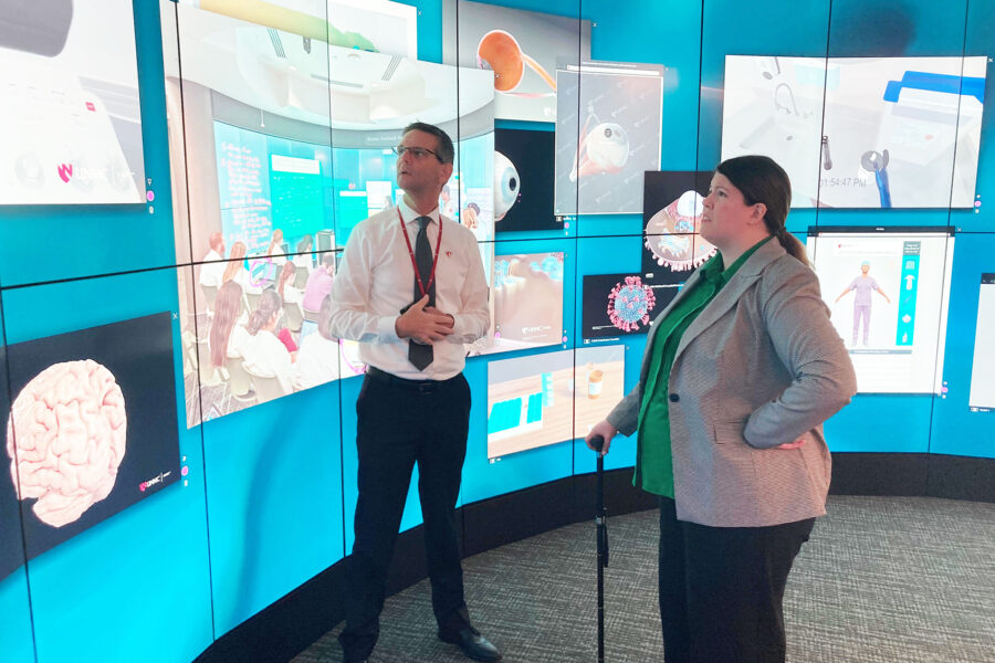 Ben Stobbe&comma; assistant vice chancellor of clinical simulation for iEXCEL&comma; led a tour of the Davis Global Center with Melanie Lazarus&comma; EdD&comma; dean of the U&period;S&period; Air Force School of Aerospace Medicine&period;