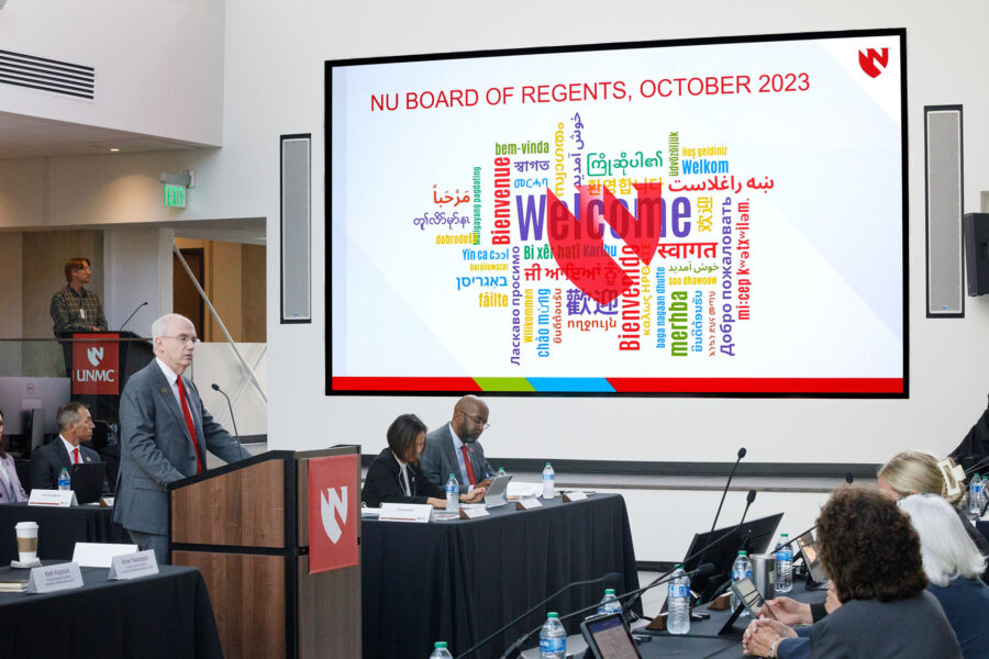 UNMC Chancellor Jeffrey P&period; Gold&comma; MD&comma; addresses the University of Nebraska Board of Regents during the board&apos;s meeting Thursday at UNMC&apos;s Wigton Heritage Center&period;