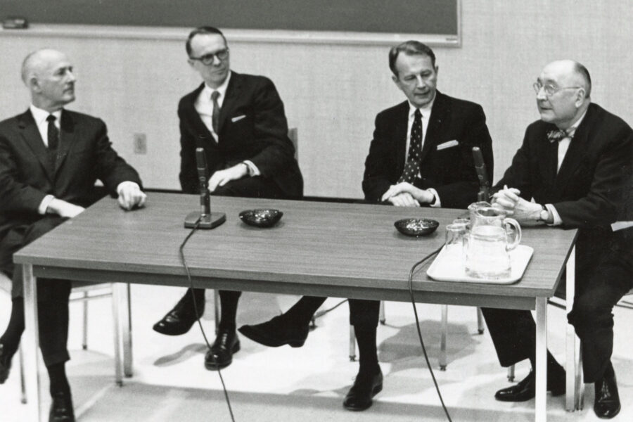 In 1969&comma; college of medicine organizers recognized a centennial to mark 100 years since the beginning of medical education in Omaha&period; Included in the centennial events was a symposium to discuss the future of medicine that featured George Beadle&comma; at left&comma; PhD&comma; a Wahoo&comma; Nebraska&comma; native who shared the 1958 Nobel Prize for Physiology&sol;Medicine&period;