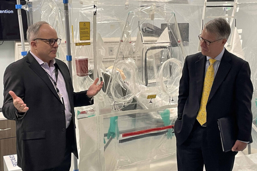 At right&comma; Maj&period; Gen&period; &lpar;ret&period;&rpar; Paul Friedrichs&comma; MD&comma; director of the new White House Office of Pandemic Preparedness and Response Policy&comma; visits with James Lawler&comma; MD&comma; director of international programs and innovation for the UNMC Global Center for Health Security&comma; during a tour of the Davis Global Center&period;
