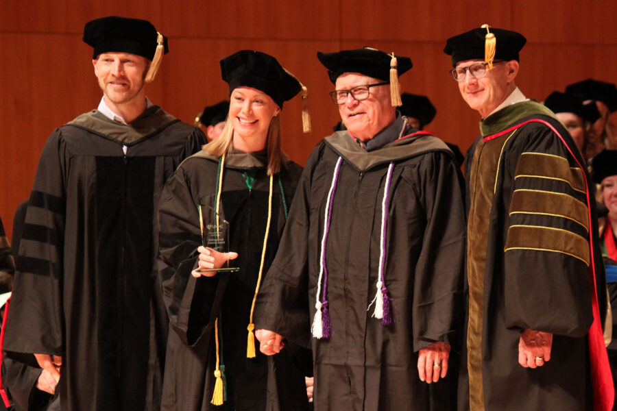 From left&comma; Greg Schardt&comma; PharmD&comma; president of the UNMC Alumni Association College of Pharmacy alumni council&comma; Jolyn Merry&comma; PharmD&comma; incoming alumni council president&comma; Dr&period; Merry&apos;s grandfather&comma; Jacob Dering&comma; and Keith Olsen&comma; PharmD&comma; Joseph D&period; Williams Endowed Dean of the UNMC College of Pharmacy&period; Dering&comma; UNMC College of Pharmacy class of 1960&comma; was named the college&apos;s Distinguished Alumnus of the year and received the award from his granddaughter&comma; a fellow alumnus&period; Dering also is the father of alumnus and faculty member Ally Dering-Anderson&comma; PharmD&period;