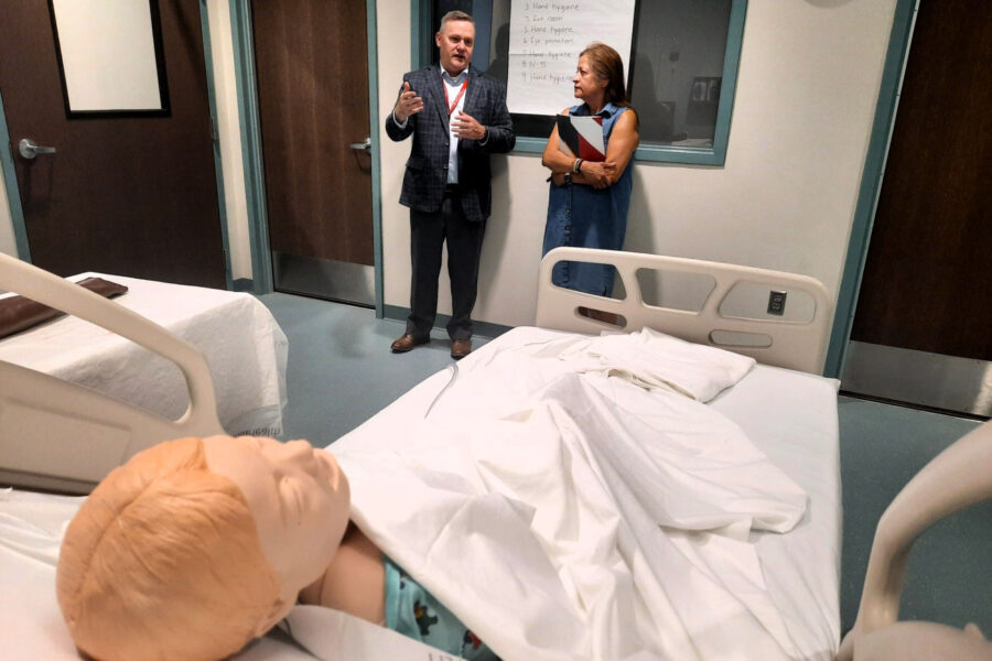 Legislative candidate Margo Juarez&comma; right&comma; visited with Dossy Felts&comma; associate director of administration and operations&comma; Global Center for Health Security&comma; during a recent tour of UNMC&period;