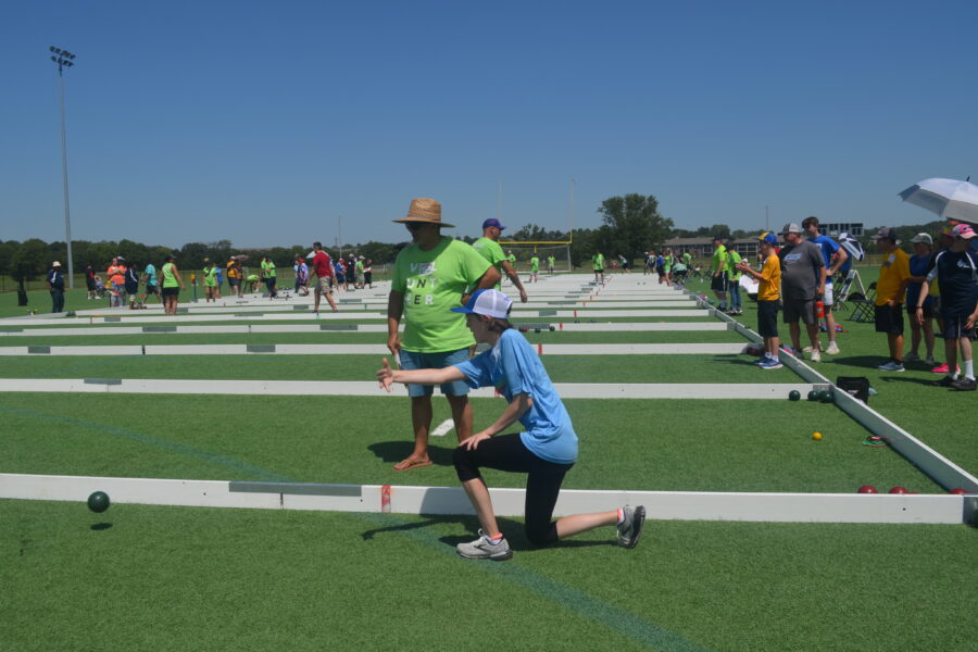 Rachel Mulligan throws a bocce ball during competition&period;