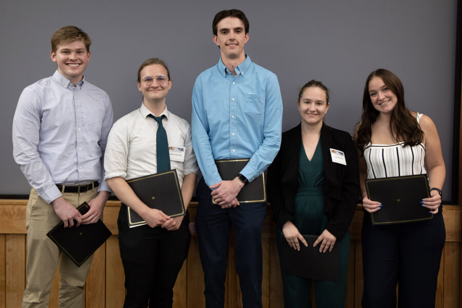 Poster presentation award winners included&comma; from left&comma; Jeff Zimmerly&comma; Jaden Nienhauser&comma; Noah Shackelford&comma; Shyanne Urbin and Emma Foley&period;