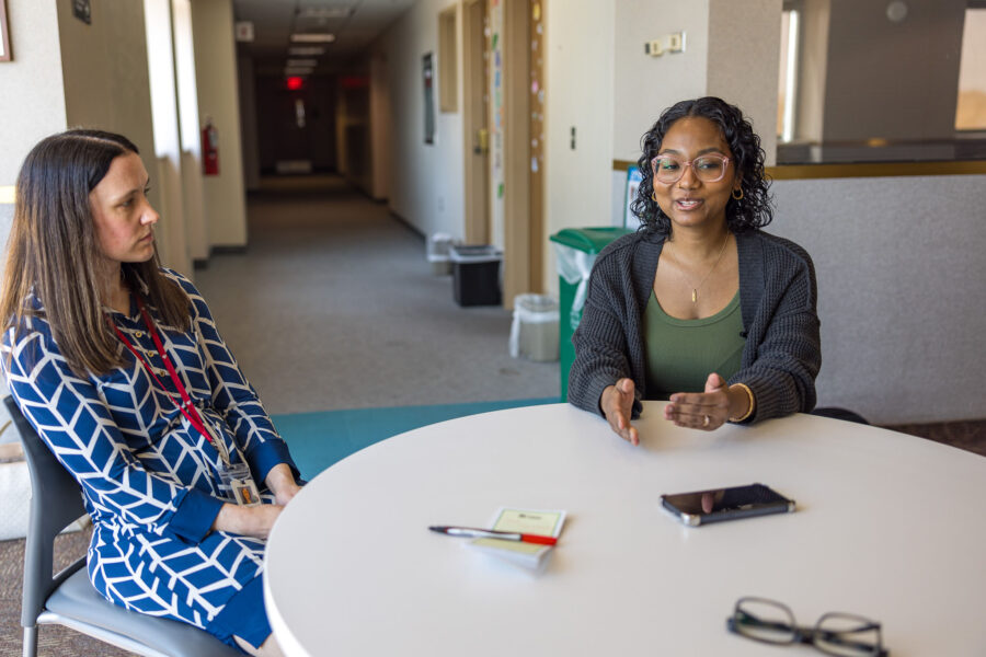 Jennifer Medlin&comma; MD&comma; sitting with the patient who received a novel therapy