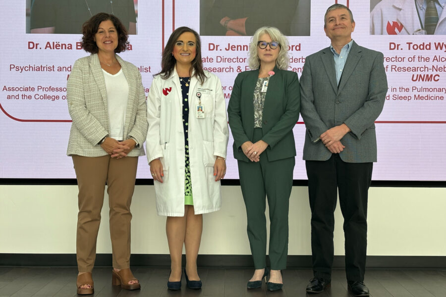 From left&comma; Marisa Silveri&comma; PhD&comma; Alëna Balasanova&comma; MD&comma; Jennifer Blackford&comma; PhD&comma; and Todd Wyatt&comma; PhD&comma; spoke at a Sober October event&period;