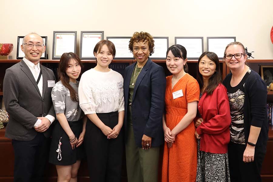 Four Japanese nursing students and a faculty member from Japan visited UNMC in September&period; Picture are&comma; from left&colon; Yoshifumi Kido&comma; Chiori Oishi&comma; Tomoyo Shimokaway&comma; Lepaine Sharp-McHenry&comma; DNP&comma; UNMC College of Nursing dean&comma; Himeka Harada&comma; Minami Ohkubo and Beth Beam&comma; PhD&comma; director of Global Health&period;