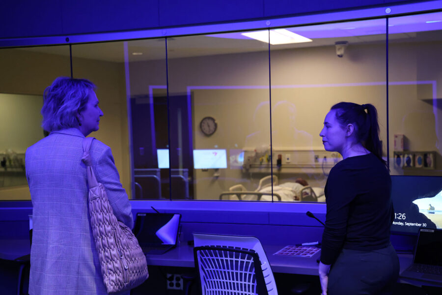 Legislative candidate Jeanne Reigle&comma; at left&comma; hears about some of iEXCEL&apos;s clinical simulation capabilities from community engagement coordinator Moriah McCune&period;