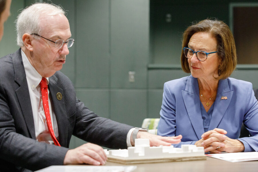 University of Nebraska President Jeffrey P&period; Gold&comma; MD&comma; gives U&period;S&period; Sen&period; Deb Fischer an update on UNMC’s Project NExT and the first phase of the project – the &dollar;2&period;19 billion Project Health&period;