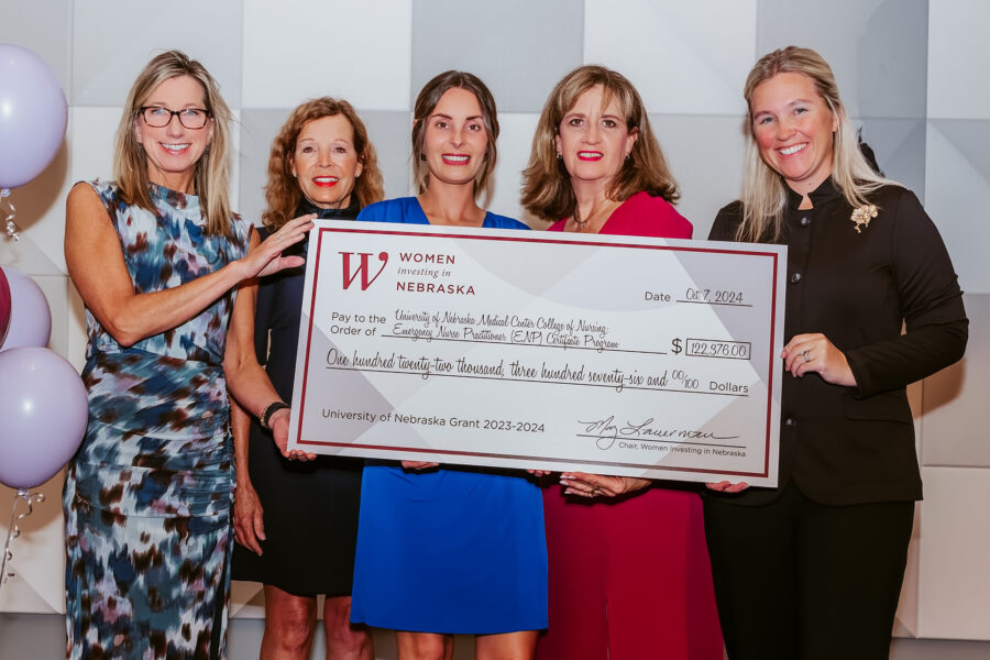 From left&comma; WIN Education Chair Sarah Button&comma; WIN Chair Meg Lauerman&comma; Haley Hays from the UNMC College of Nursing&comma; WIN Membership Chair Jill Davis and WIN Grants Chair Jaci Lindburg