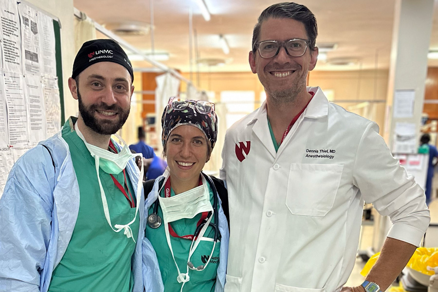 CA3 residents Jeremy Payne&comma; MD&comma; and Elizabeth Ternet Rech&comma; DO&comma; share a moment with assistant professor Dennis Thiel&comma; MD&comma; in the medical ICU on their last day&period;