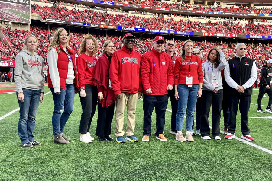 University of Nebraska&comma; UNMC&comma; Nebraska Medicine and Fred & Pamela Buffett Cancer Center leaders and colleagues took the field at halftime of the Nebraska-Wisconsin game Saturday&period;