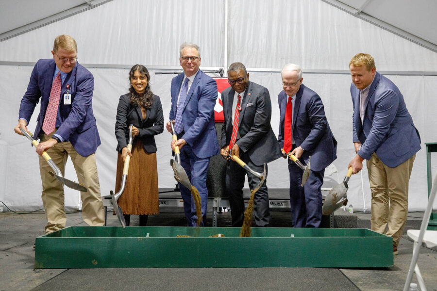 From left&comma; Phil Covington&comma; EdD&comma; UNMC associate vice chancellor for student success&semi; Pranita Devaraju&comma; president&comma; UNMC Student Senate&semi; Curt Witzenburg of Holland Basham Architects&semi; UNMC Interim Chancellor H&period; Dele Davies&comma; MD&semi; University of Nebraska President Jeffrey P&period; Gold&comma; MD&semi; and Dan Ridder of Hausmann Construction&period;