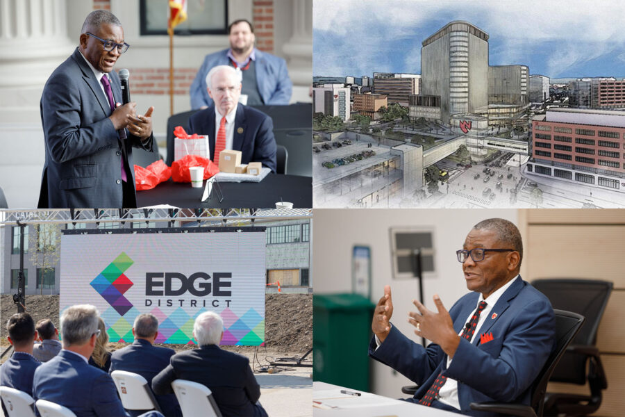 Clockwise from top left&colon; UNMC Interim Chancellor H&period; Dele Davies&comma; MD&comma; honors University of Nebraska President Jeffrey P&period; Gold&comma; MD&comma; during a special event held by the UNMC Faculty and Student Senates to recognize Dr&period; Gold&semi; a conceptual image of Project Health was unveiled as the project advanced to its design phase&semi; Dr&period; Davies spoke about his first 100 days in the role during his October all-campus forum&semi; and EDGE District was revealed in October as the name for UNMC&apos;s development west of Saddle Creek Road&period;