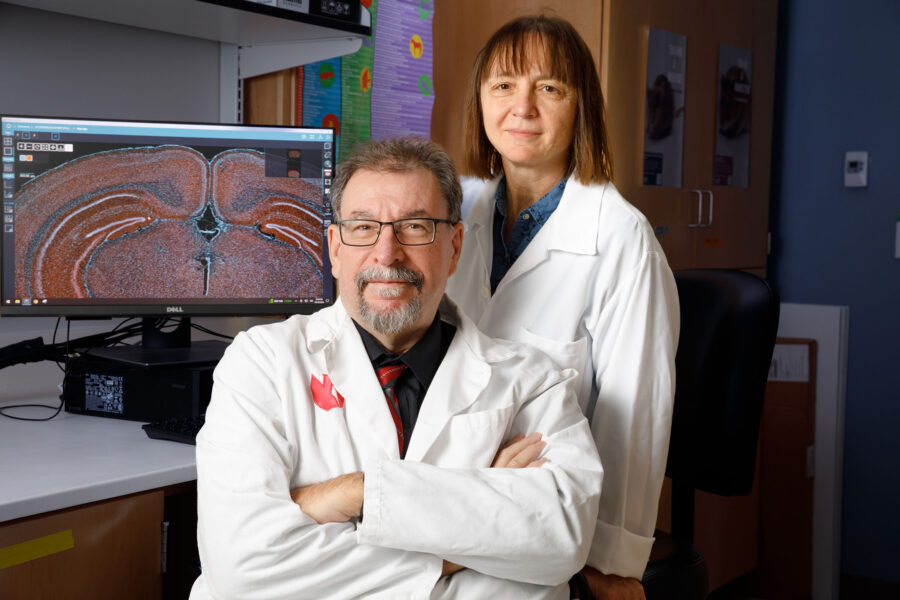 Karoly Mirnics&comma; MD&comma; PhD&comma; director of the UNMC Munroe-Meyer Institute&comma; and Zeljka Korade&comma; DVM&comma; PhD&comma; professor of pediatrics at UNMC&comma; in their lab in the Durham Research Center II on Friday October 18&comma; 2024&period;