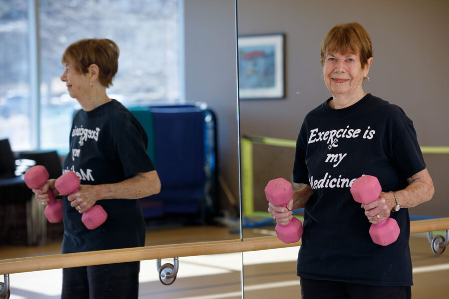 Nancy McCormick&comma; who works out frequently at the UNMC Engage Wellness Medical Fitness Center&comma; will attempt to break an age-group record on a rowing machine on Feb&period; 8&period; McCormick says she&apos;s proud that she can use the 12-pound &OpenCurlyDoubleQuote;pink weights” during workout classes&period;