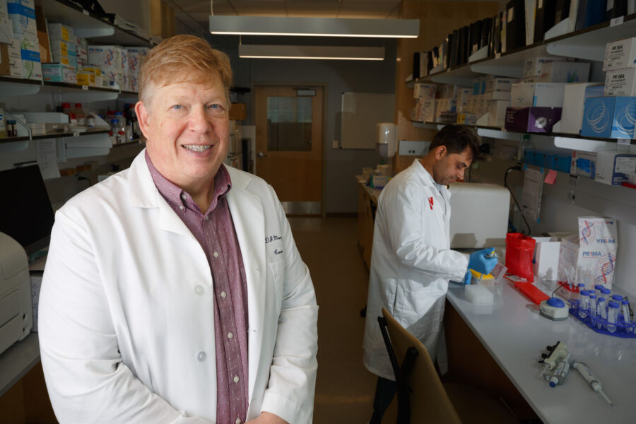 DJ Murry&comma; PharmD&comma; in his lab at the Fred & Pamela Buffett Cancer Center&comma; with Sandeep Singh&comma; PhD&comma; a postdoc in Dr&period; Murry&apos;s laboratory