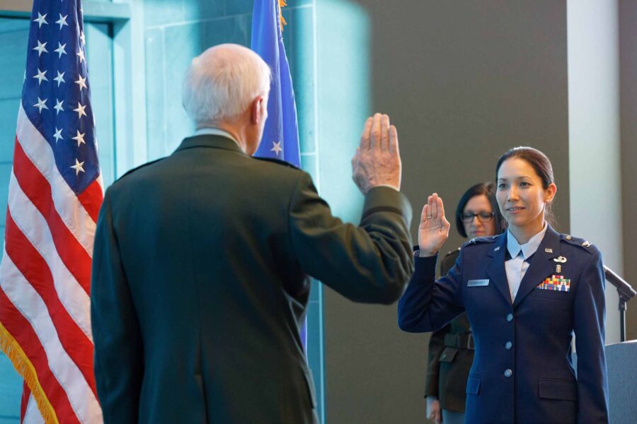 Air Force Lt&period; Col&period; Elizabeth Schnaubelt&comma; MD&comma; was promoted to the rank of colonel with assistance from her father&comma; United States Army Col&period; &lpar;ret&period;&rpar; Thomas Rini&comma; at left&period;